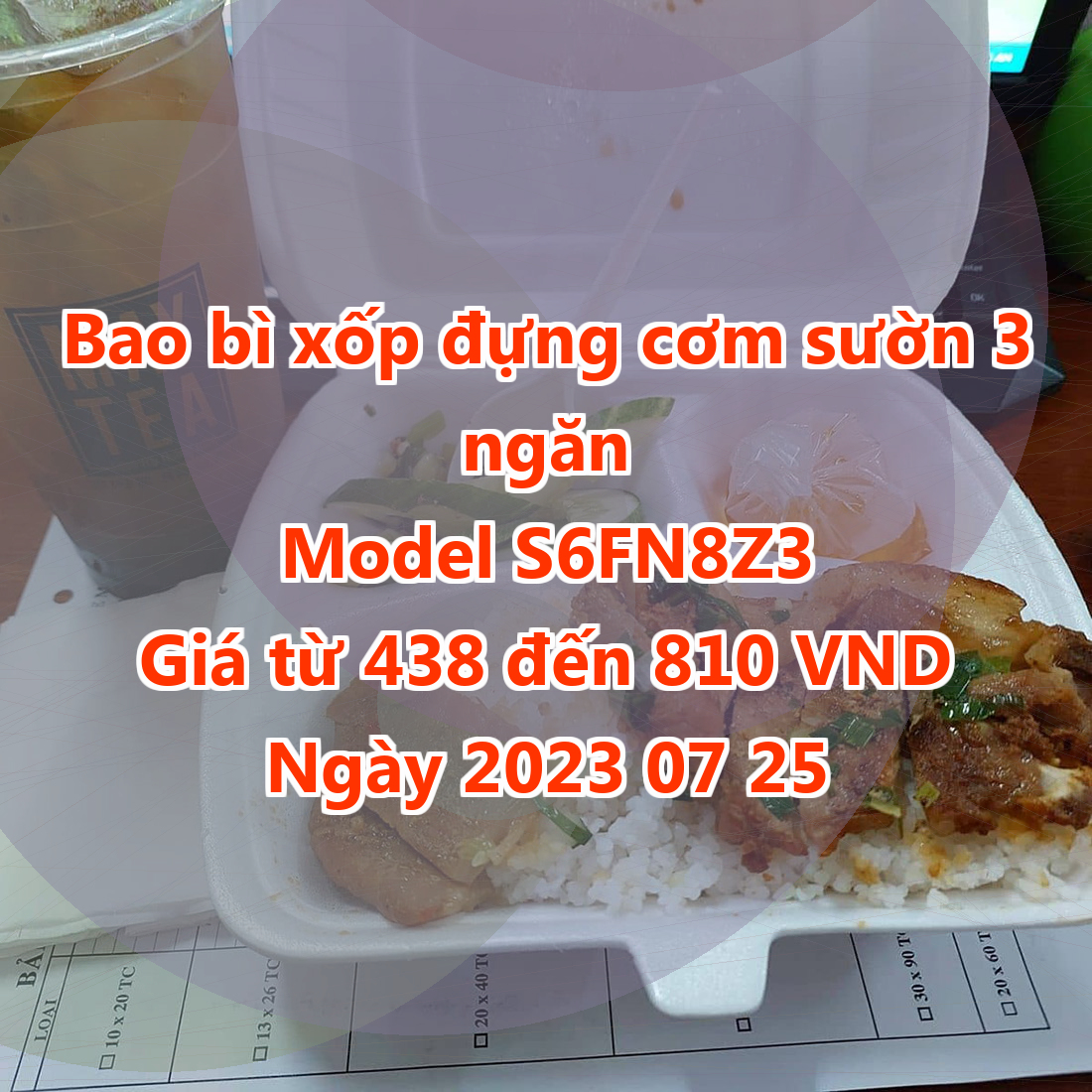 Bao bì xốp đựng cơm sườn 3 ngăn - Model S6FN8Z3