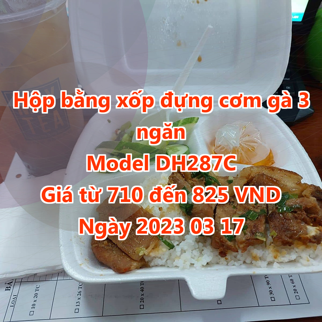 Hộp bằng xốp đựng cơm gà 3 ngăn - Model DH287C