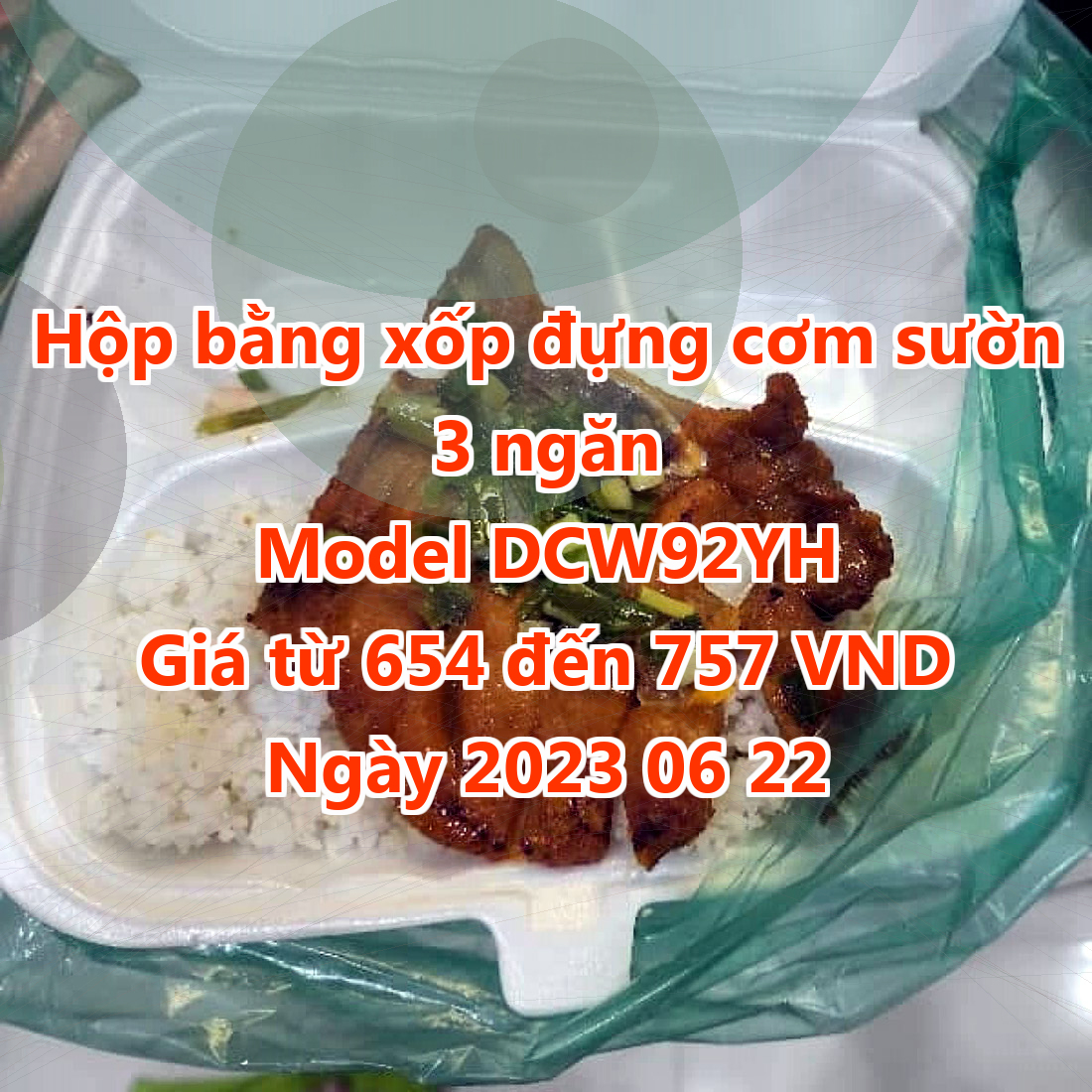 Hộp bằng xốp đựng cơm sườn 3 ngăn - Model DCW92YH