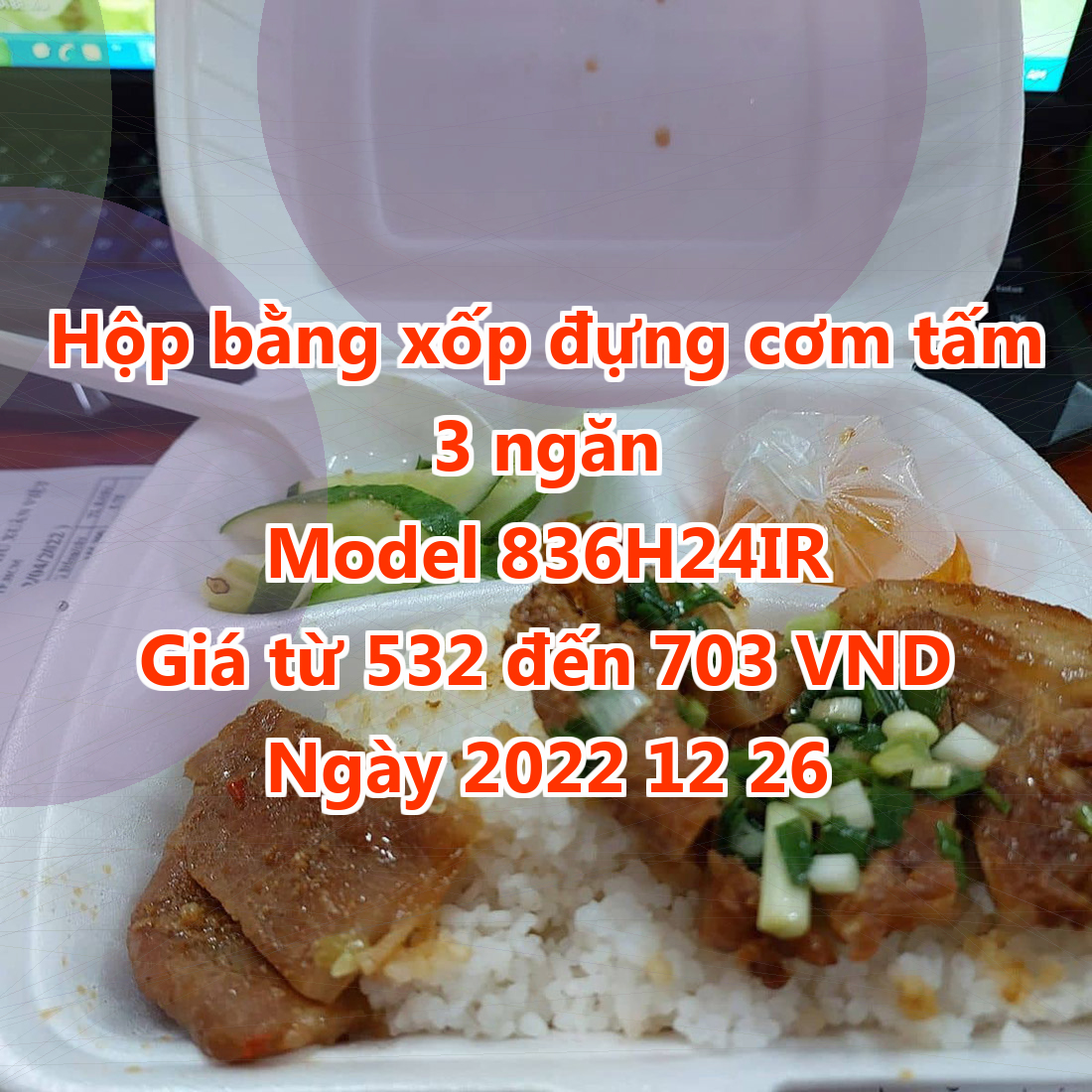 Hộp bằng xốp đựng cơm tấm 3 ngăn - Model 836H24IR