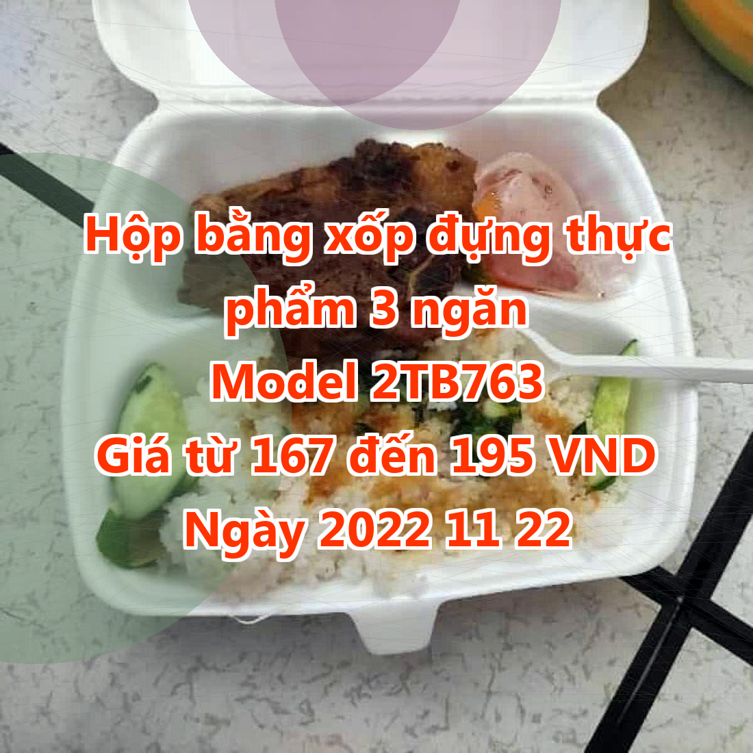 Hộp bằng xốp đựng thực phẩm 3 ngăn - Model 2TB763