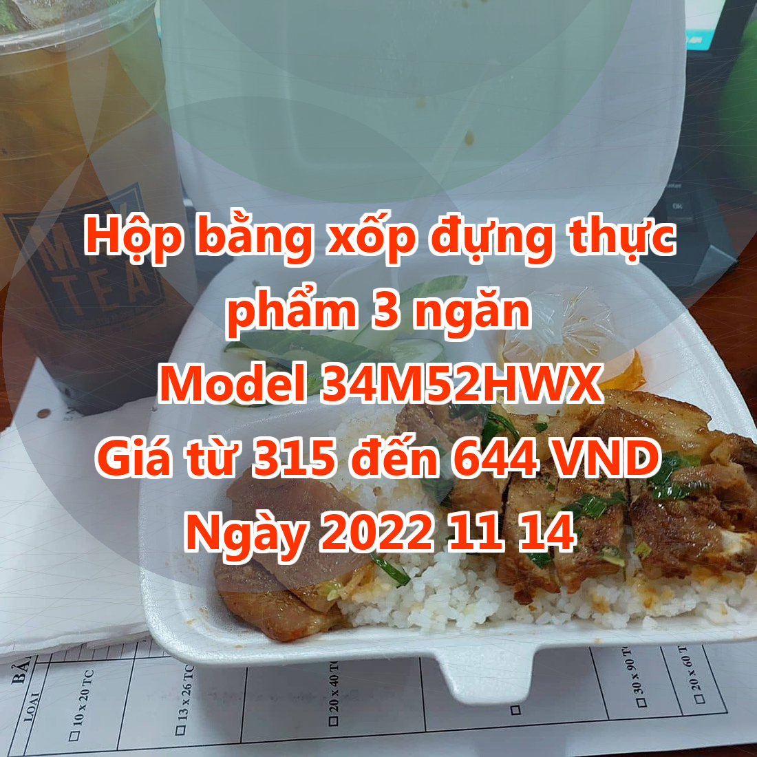 Hộp bằng xốp đựng thực phẩm 3 ngăn - Model 34M52HWX - Giá 315 VND