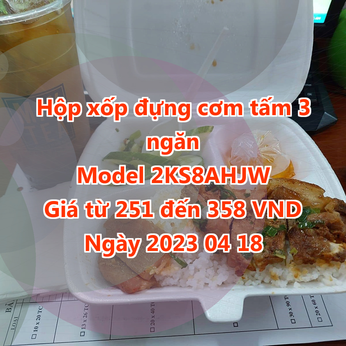 Hộp xốp đựng cơm tấm 3 ngăn - Model 2KS8AHJW