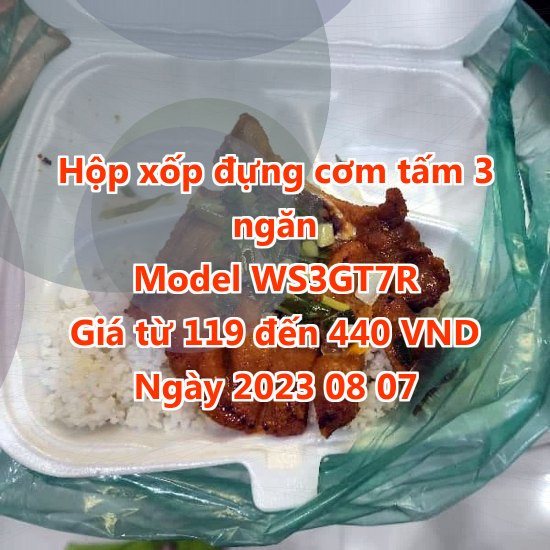 Hộp xốp đựng cơm tấm 3 ngăn - Model WS3GT7R