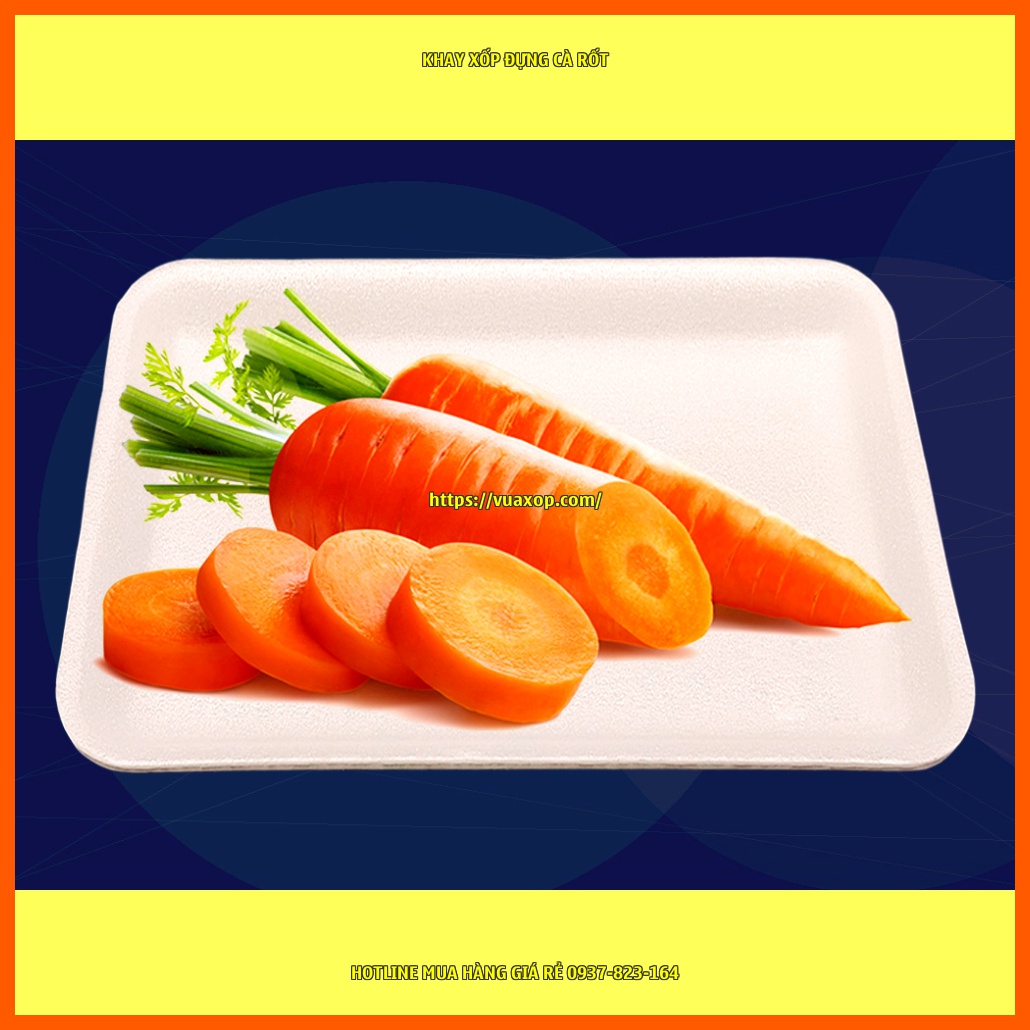 Sản phẩm khay xốp đựng cà rốt được trưng bày ở những siêu thị, cửa hàng thực phẩm